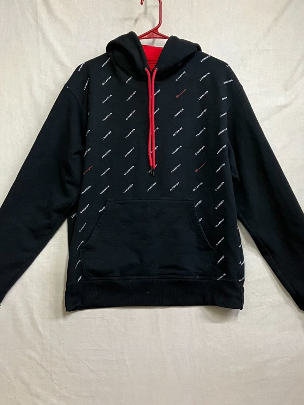 Champion Pullover Hoodie Men's Medium Black Script Logo Athletic Kangaroo Pocket